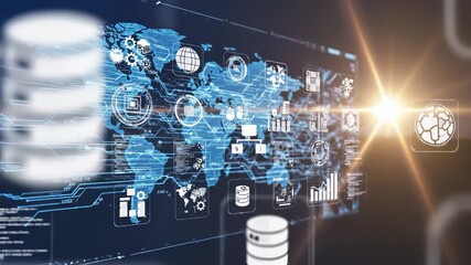 A digital interface displays a network of data, symbols, and graphs, showcasing a global connection of information and technology. The data and technology create a futuristic atmos - Powered by Adobe