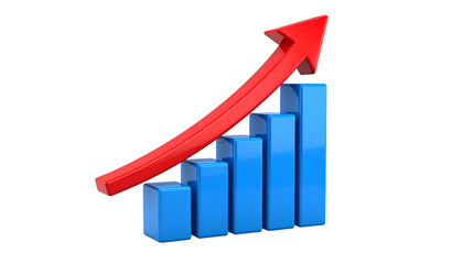 Blue bar graph ascending, topped by a red arrow, on a black background