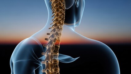 Transparent human back with spine highlighted against a twilight sky