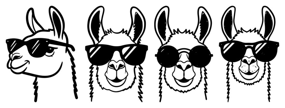 Funny hand drawn llama heads set wearing sunglasses