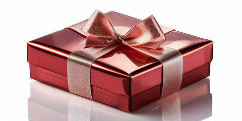 Fototapeta premium A glossy red gift box tied with a metallic pink ribbon rests on a white reflective surface, evoking celebration, gift giving, and holiday cheer; ideal for marketing, promotions, and festive occasions