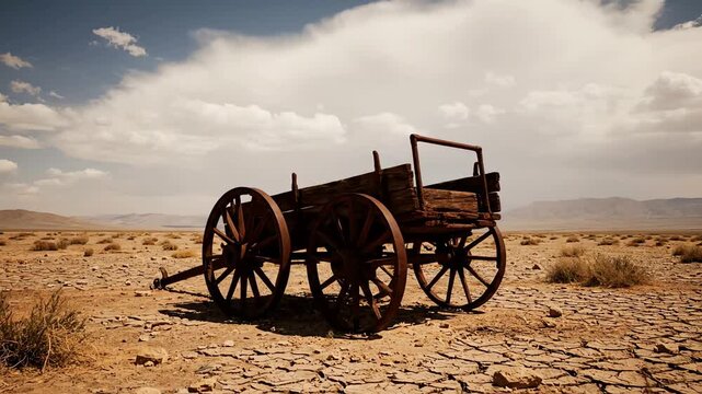 Vintage pioneer wagon stranded in a desolate desert with cracked earth under a dramatic cloudy sky
