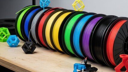 Vivid spools of 3D printing filament with geometric prints on a light surface