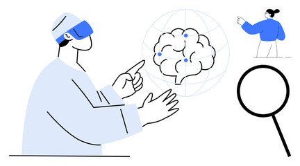 Artificial intelligence, virtual reality, brain science, data visualization, healthcare innovation, digital technology. Human pointing at a brain model with magnifying glass and tech elements