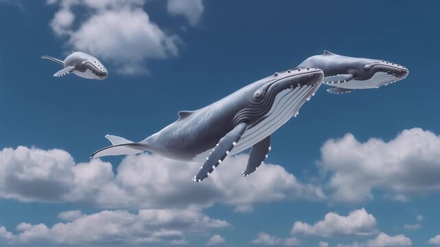 Whales flying through clouds in a surreal blue sky, dreamlike fantasy scene