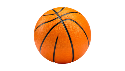 Isolated image of an orange basketball with black lines, set against a stark black background