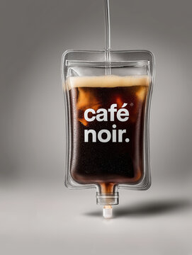 Poche de perfusion remplie de caf&eacute; noir glac&eacute; avec condensation sur fond gris minimal.