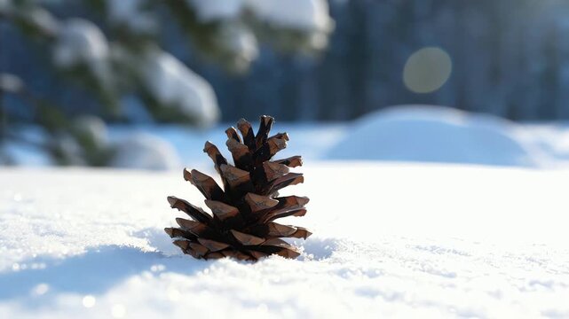 Close up of a solitary pinecone resting on pristine snow during a sunlit winter day