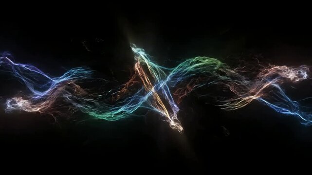 Abstract energy particles colliding and forming a symmetrical pattern in darkness