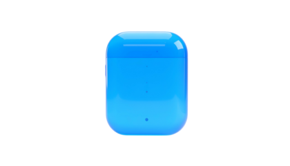Bright blue, glossy, rectangular case, small, rounded edges, set against a black backdrop