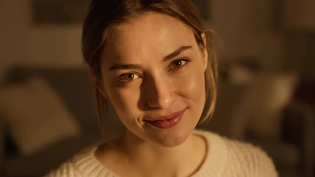 Young woman with a subtle smile and dimples looks directly at the camera in a softly lit room