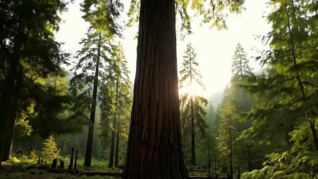 A cinematic upward tilt reveals a majestic giant sequoia tree in a lush, sun-dappled redwood forest with a tranquil stream.