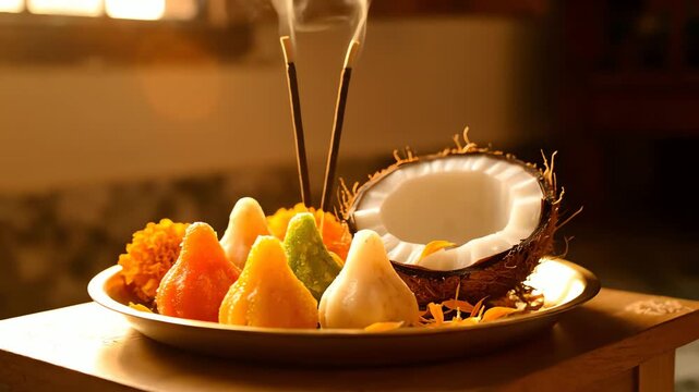 Traditional Hindu Puja offering plate with colorful Modak sweets, coconut, and burning incense sticks for a festival celebration.
