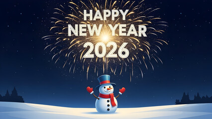 Fototapeta premium Happy New Year 2026 greeting with fireworks and snowman on blue night background.