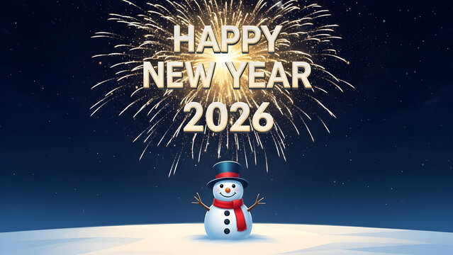 Happy New Year 2026 greeting with fireworks and snowman on blue night background. - Powered by Adobe