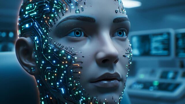 Close up of a futuristic android face with glowing circuitry and blue eyes in a high-tech laboratory