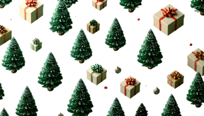 Repeating pattern of Christmas trees, gifts, and snow on a black background