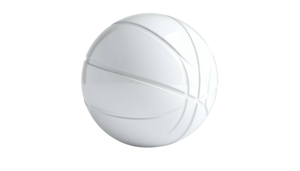 A pristine white basketball floating against a stark black background