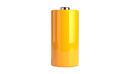 A bright yellow cylindrical battery, isolated on a stark black background