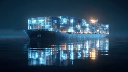 Obraz premium Container ship, luminous cargo blocks forming abstract patterns, 3D illustration.