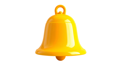 A shiny, golden bell with a loop at the top, presented against a stark black background