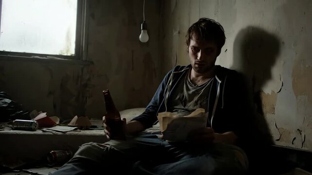 A lonely and depressed young man struggling with addiction and poverty sits in a dark, dilapidated room.