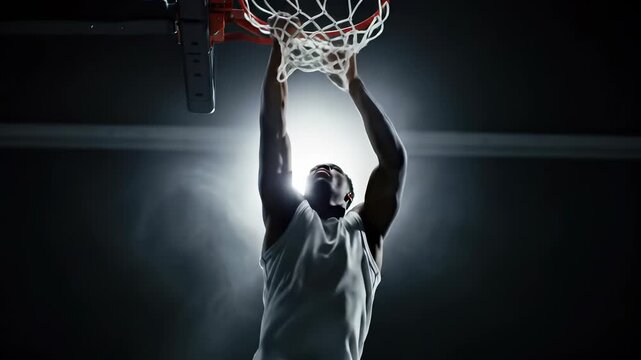 Athletic basketball player performing a powerful slam dunk on a rim against a dark background with dramatic backlighting and smoke, illustrating sports victory.