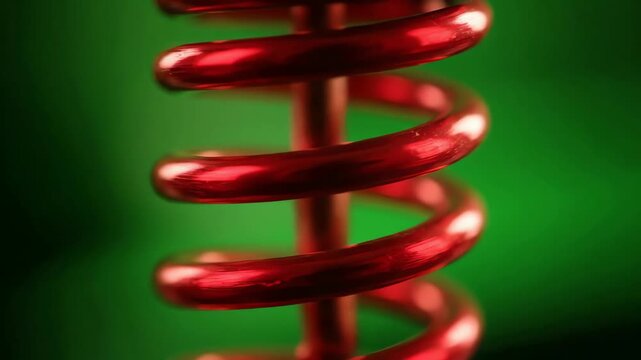 A striking macro view of a red metallic spiral vibrating with a spring sound against a vibrant green background.