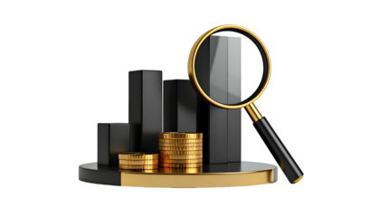 3D render of financial growth with gold coins, graph bars, and magnifying glass