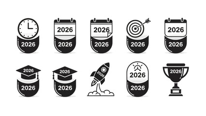 Set of 2026 year icons calendar elements and goal oriented illustrations