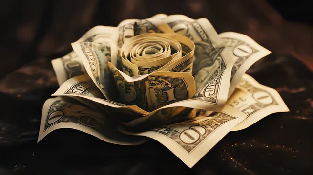 A majestic rose crafted from crisp greenbacks radiates opulence, embodying the quintessential American spirit, symbolizing financial success, growth, and prosperity, perfect for marketing.