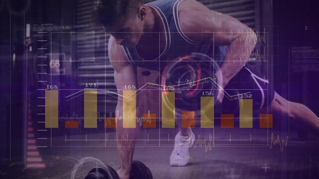 Man shifting weight and doing renegade rows with dumbbells in gym, HUD graphs tracking heart rate