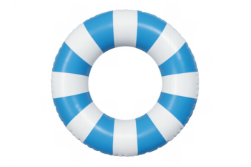 Blue and white striped inflatable swim ring for summer water safety and recreation with transparent background