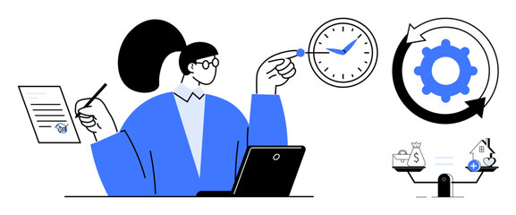 Time management concept. Time management helps prioritize tasks and enhance productivity. Time management through clock, gear, balance scale, and professional analysis. For business, workflow