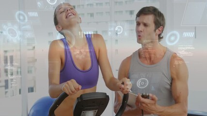 Coach pressing remote starting fitness demo, woman using stepper, HUD showing HR data, high-five