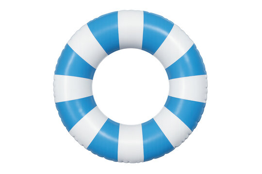 Blue and white striped inflatable swim ring for summer water safety and recreation with transparent background