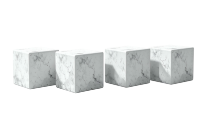 Four white marble cubes with grey veining, arranged horizontally against black background