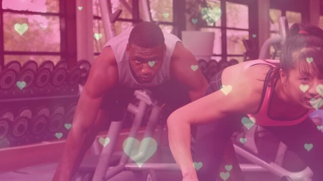Pair gripping bar starting rows for gym woman drifting right man continuing pink hearts overlay