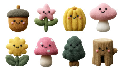 Adorable Plush Woodland Characters in Soft Colors with Transparent Background