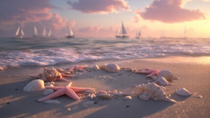 Serene beach sunset with starfish and sailboats. AI image