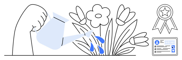 Success, growth, motivation, leadership, identity, personal development. Hand pouring water on blooming flowers, medallion and ID badge. Growth and success concepts through nurturing and recognition