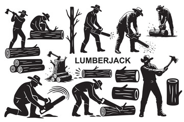 Black and white vector illustration set of lumberjack silhouettes cutting trees with axes and chainsaws, including logs, tree stumps, and woodcutting actions in a vintage style.