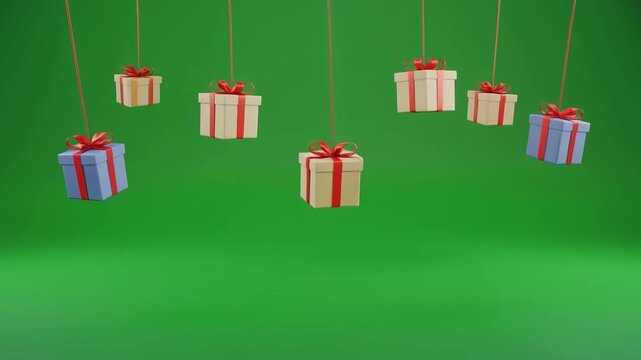 Several wrapped gift boxes suspended by red strings against a green background.