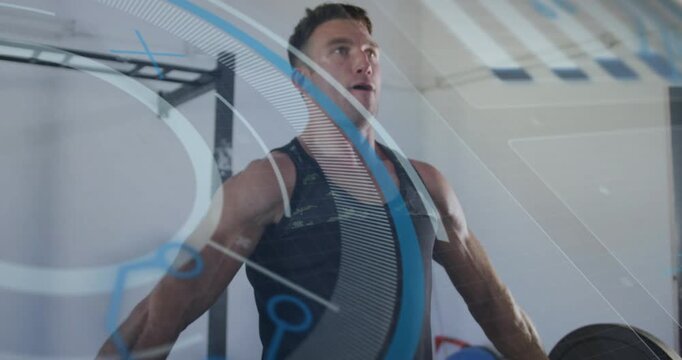 Male athlete gripping loaded barbell and driving upward for training, fitness HUD aligning torso