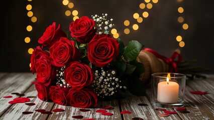 Obraz premium Romantic Red Roses Bouquet with Candlelight for Valentine’s Day Love & Anniversaries