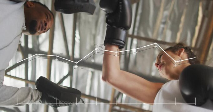 Female boxer initiating jab combos for power, boxing coach moving pads, motion graphs tracking data