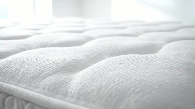 Detailed close up of a clean white quilted mattress in a bright, airy bedroom promoting comfortable sleep