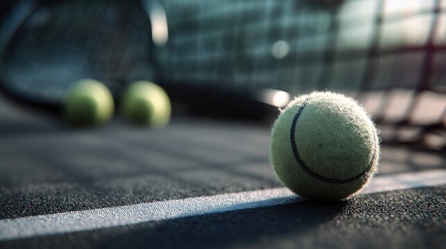 Focused composition of tennis balls and racquet on a grey textured court