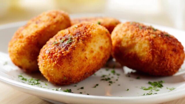 Woman's hand takes a fried potato croquettes on a white plate