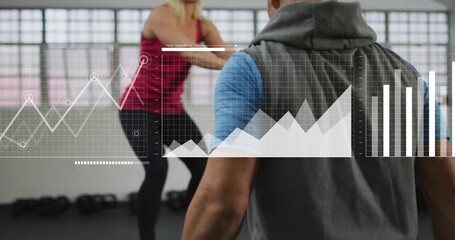 Trainee approaching fitness plyo box, doing box jumps while animated charts tracking progress